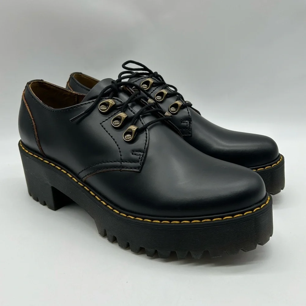 Dr. Martens Leona Lo Platform Oxford Shoes Black Leather Lug Sole Size 10 NWB